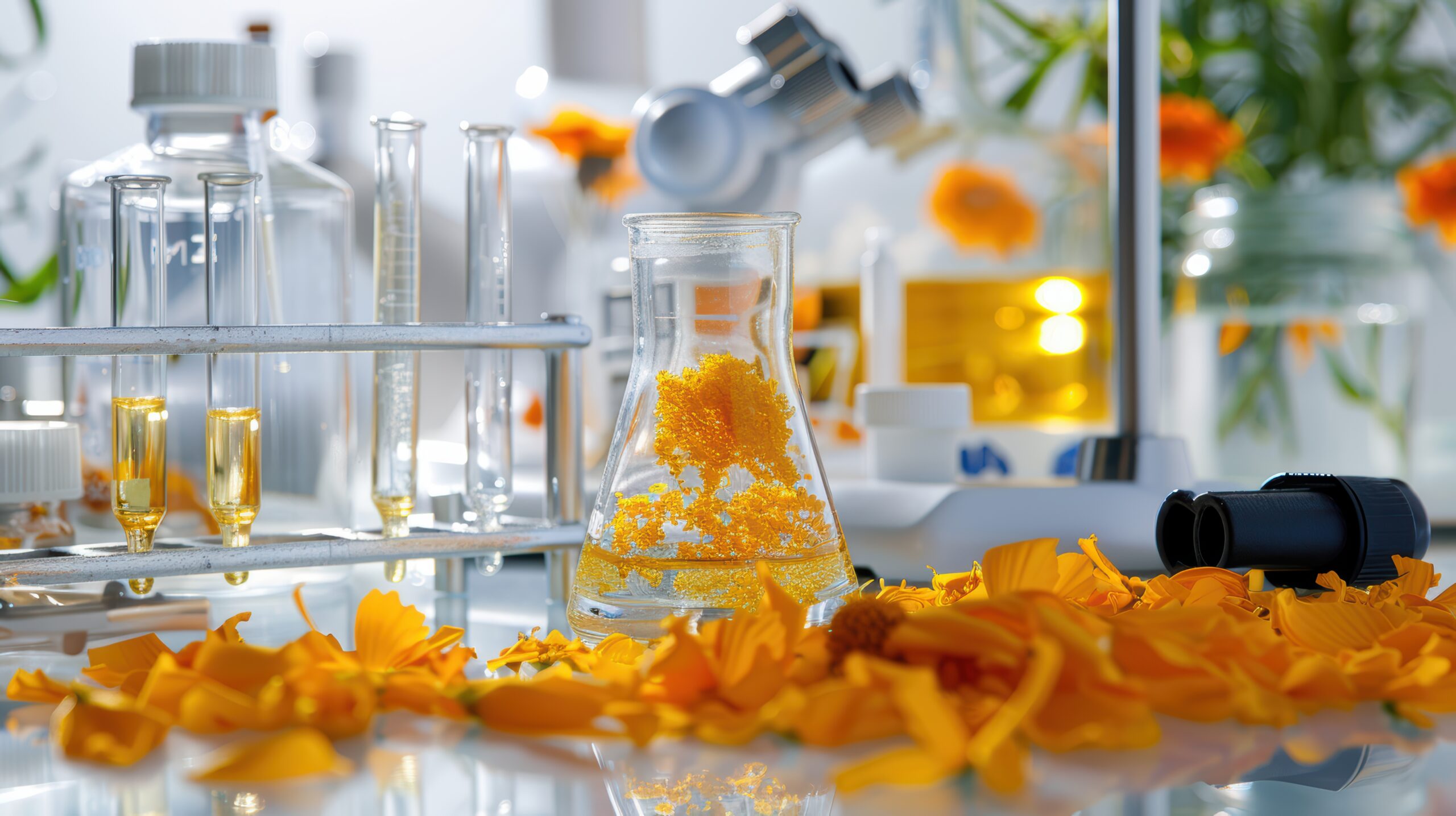 Vue laboratoire avec feuilles oranges et récipients