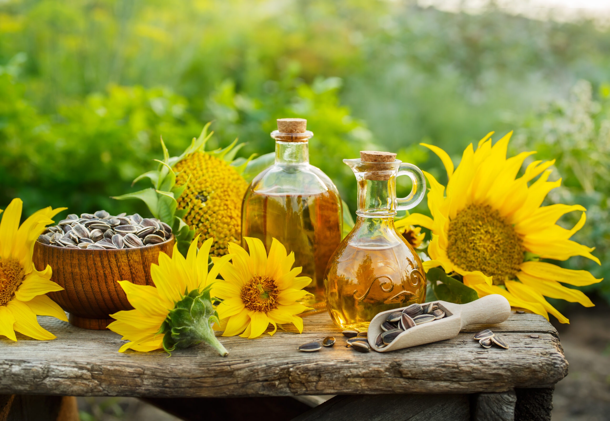 Petite table en extérieur avec des fleurs de tournesol, un bol de graines de tournesol et des flacons d'huile de tournesol
