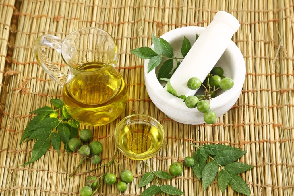 Vue du dessus d'un bol d'huile et de deux récipients contenant du neem